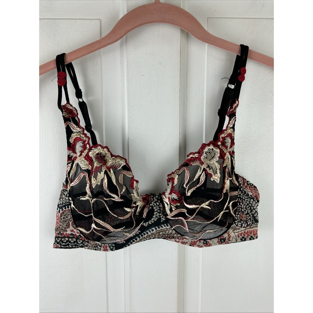 AUBADE Paris Size 32D Underwire Bra Unlined Elegant Embroidered Paisley Band EUC